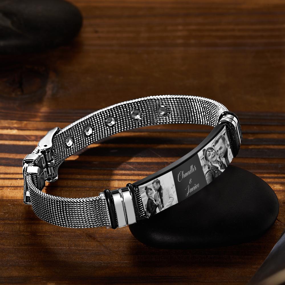 Custom Stainless Steel Mens Bracelet With Two Photo And Engraved Words Best Gifts For Lovers On Valentine's Day