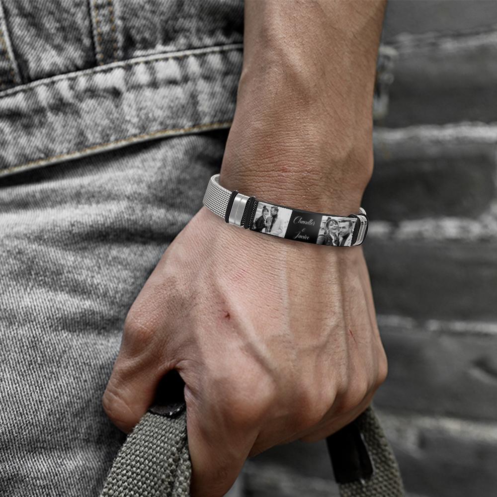 Custom Stainless Steel Mens Bracelet With Two Photo And Engraved Words Best Gifts For Lovers On Valentine's Day