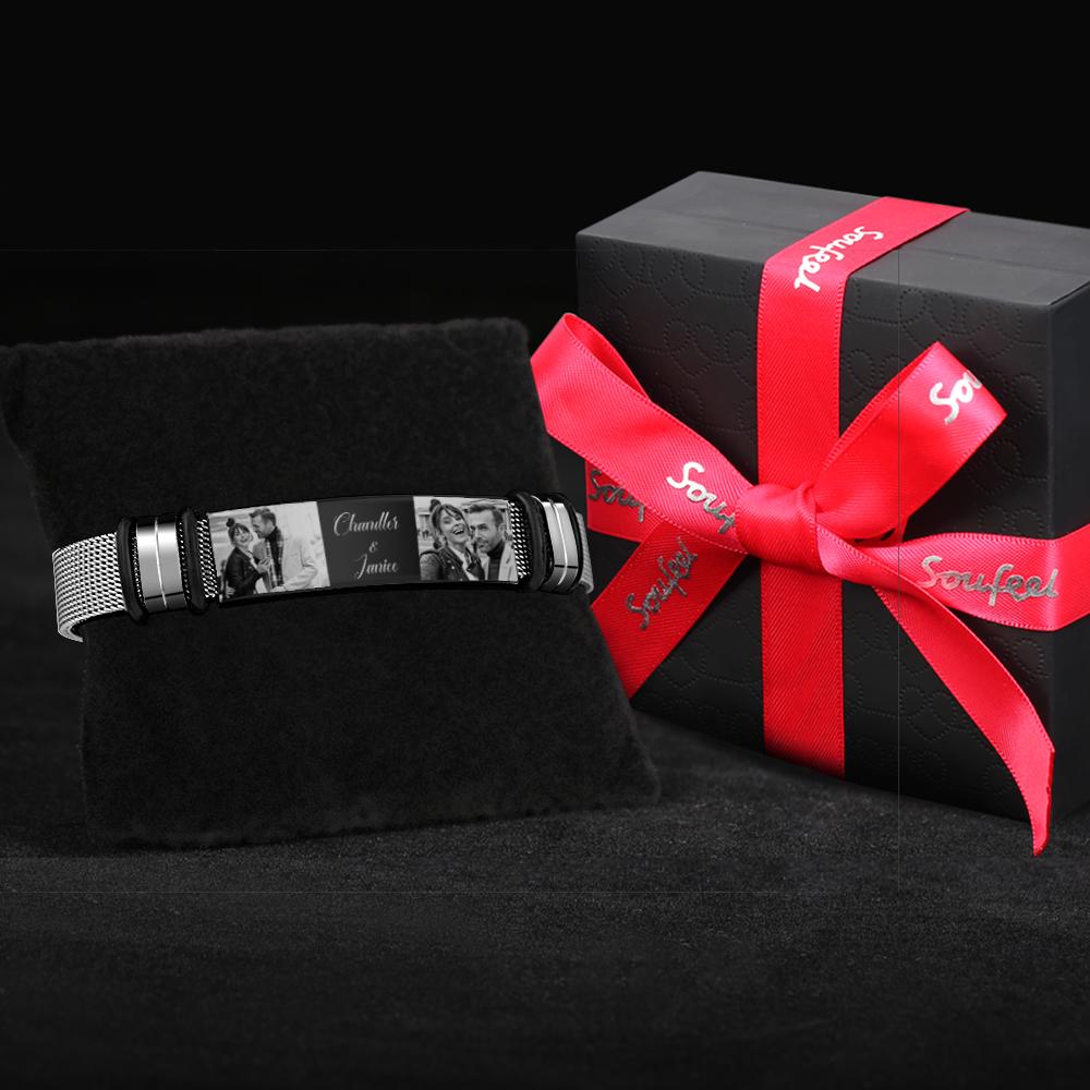 Custom Stainless Steel Mens Bracelet With Two Photo And Engraved Words Best Gifts For Lovers On Valentine's Day