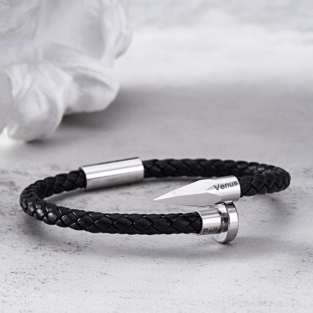 Engraved Leather Nail Bracelet Personalized Vintage Rope Bracelet Gifts For Him