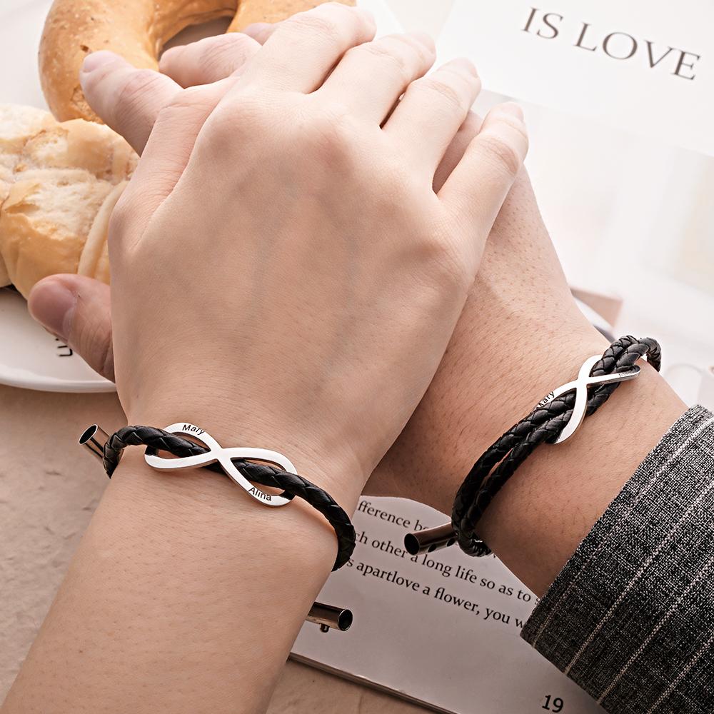 Engraved Infinity Sign Bracelet Set Personalized Leather Bracelet For Couples