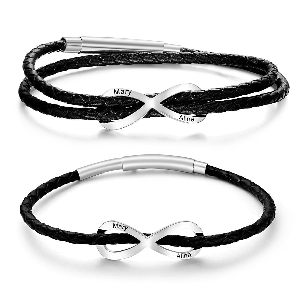 Engraved Infinity Sign Bracelet Set Personalized Leather Bracelet For Couples