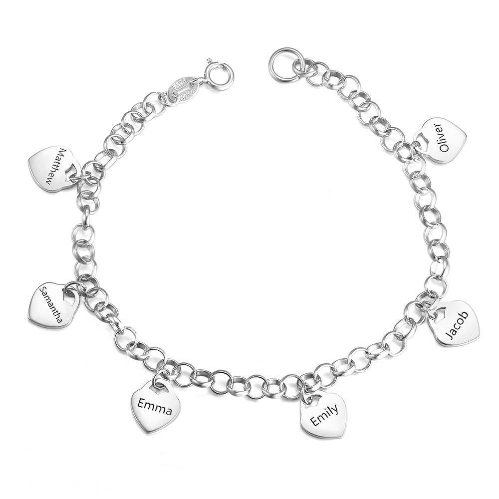 Engraved Bracelet with Heart Six Names Family Gift Silver