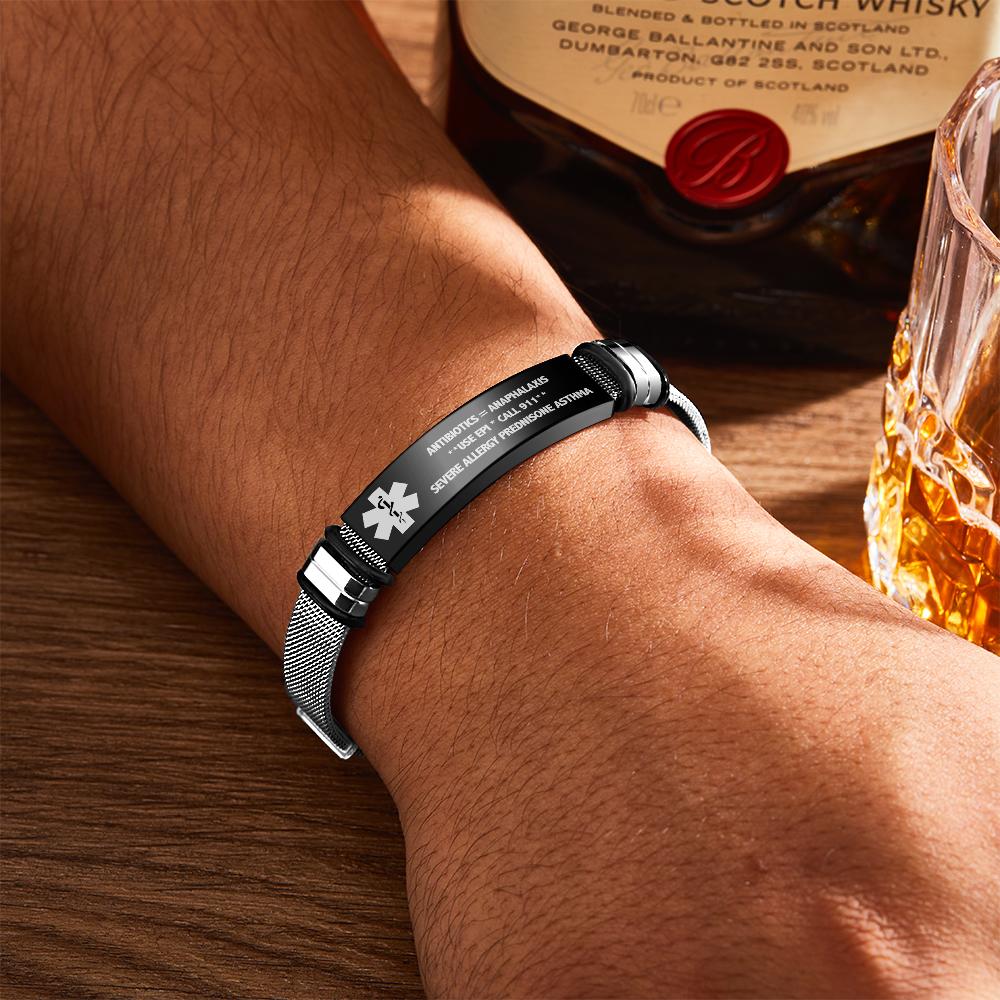 Personalized MEDICAL ID BRACELET Custom Engraved Alert Jewelry Emergency Contact Fathers Day Gifts For Him