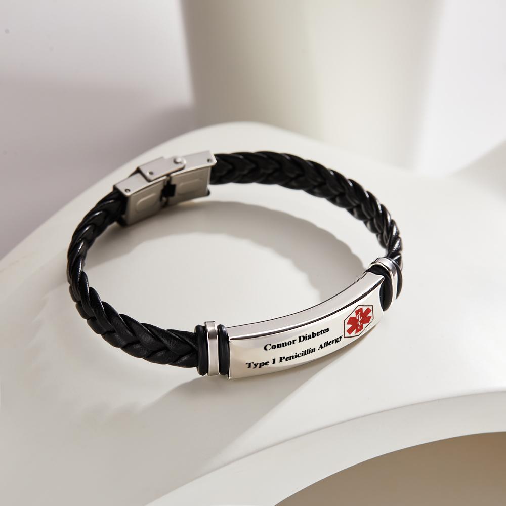 Medical Alert Leather Bracelet | Free Custom Personalized Engraving Jewelry Emergency Contact SOS Medic ID Name Waterproof Unisex
