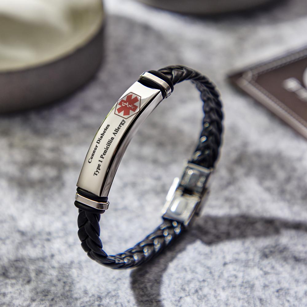 Medical Alert Leather Bracelet | Free Custom Personalized Engraving Jewelry Emergency Contact SOS Medic ID Name Waterproof Unisex