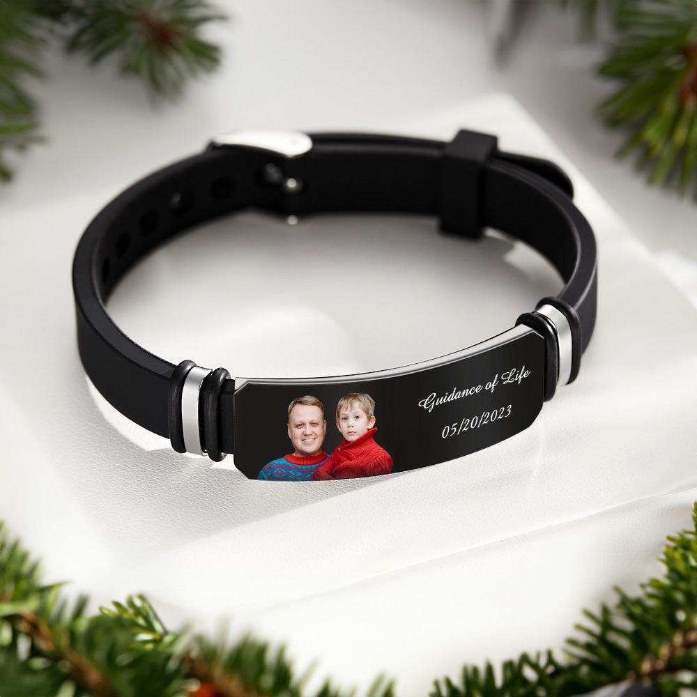 Custom Men's Photo Engraved Black Bracelet For Him Personalized Bracelet For Men Perfect Gift For Christmas Day