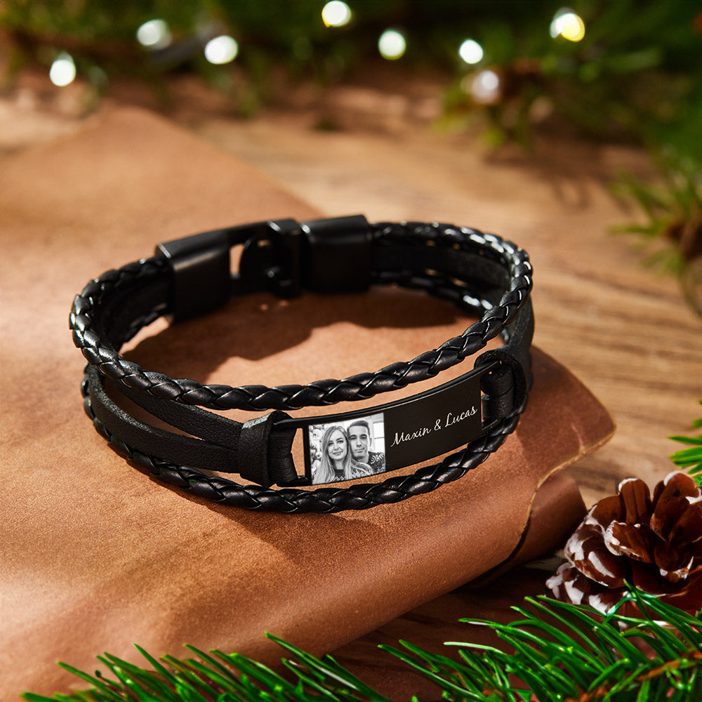 Custom Men's Bracelets Photo Leather Engraved Bracelet Best Christmas Gifts for Him