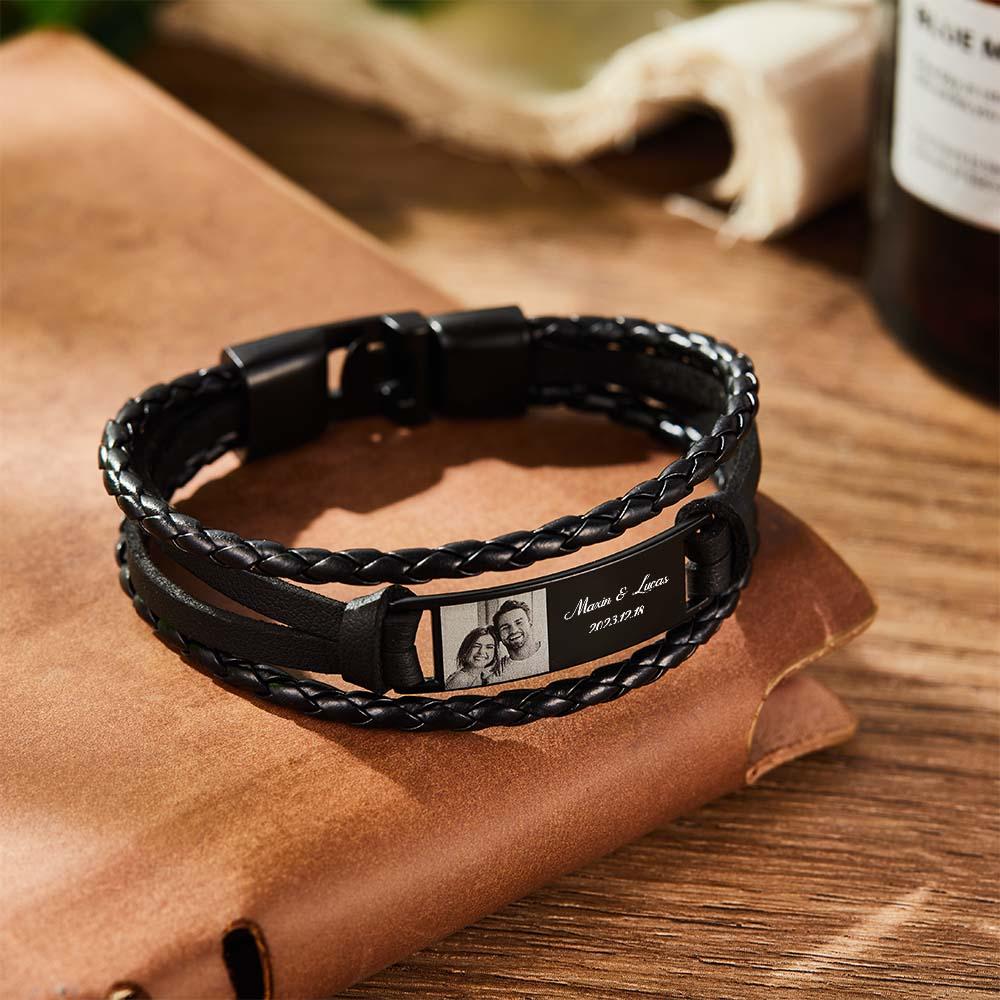 Custom Men's Bracelets Photo Leather Engraved Name and Date Men's Bracelet Best Valentine's Day Gifts for Him