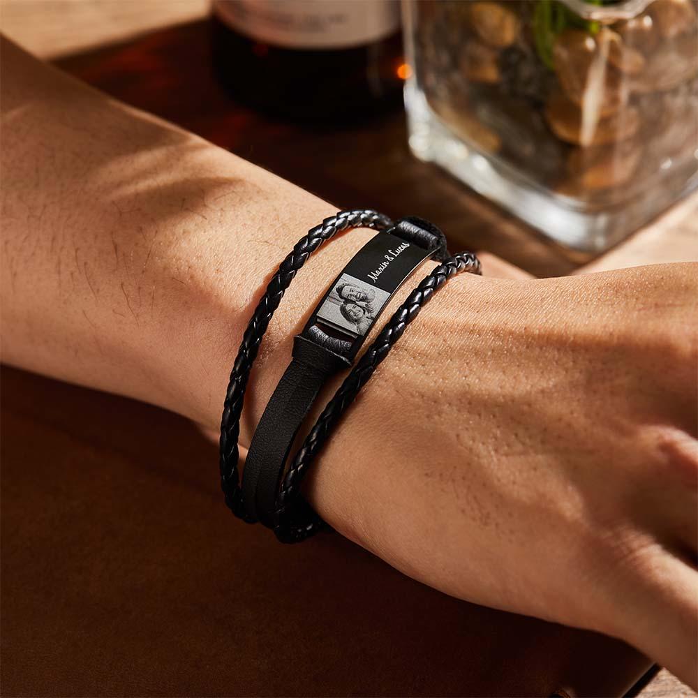Custom Men's Bracelets Photo Leather Engraved Bracelet Best Christmas Gifts for Him
