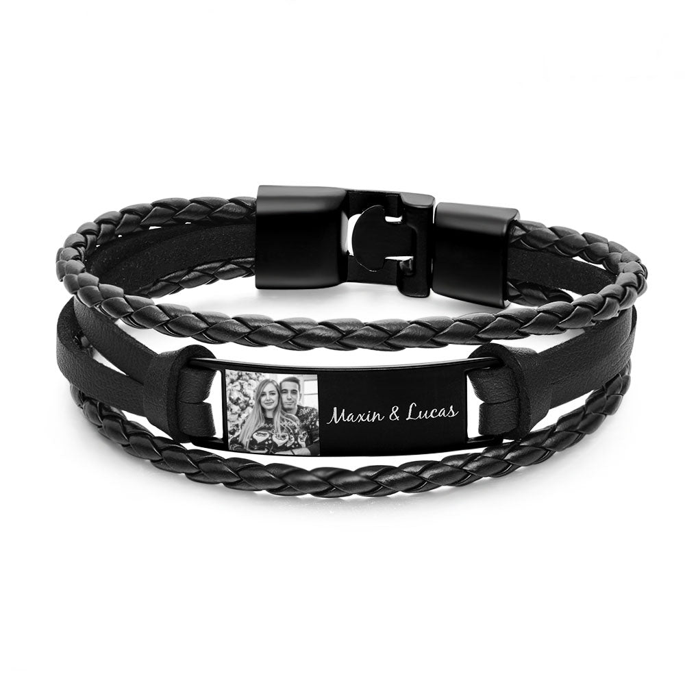 Custom Men's Bracelets Photo Leather Engraved Bracelet Best Christmas Gifts for Him