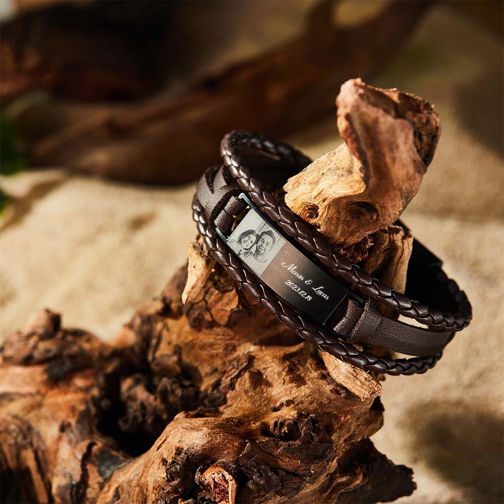 Custom Men's Bracelets Photo Leather Engraved Name and Date Men's Bracelet Best Valentine's Day Gifts for Him