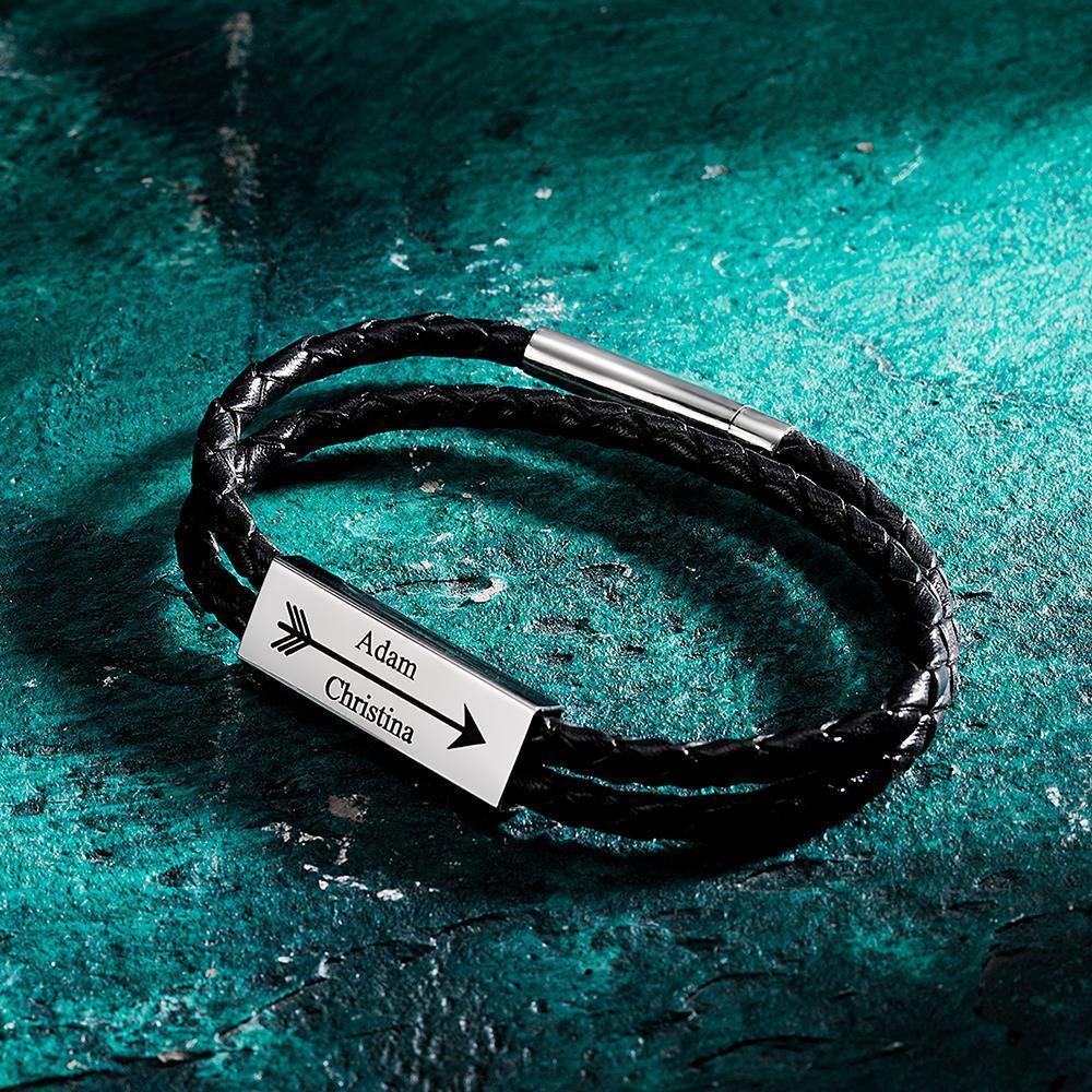 Men's Leather Bracelet Custom Cable Leather Wrap Bracelet, Engraved Name Bracelet Gifts for Him