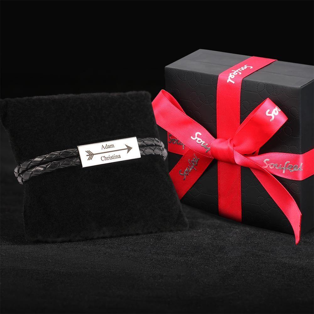Men's Leather Bracelet Custom Cable Leather Wrap Bracelet, Engraved Name Bracelet Gifts for Him