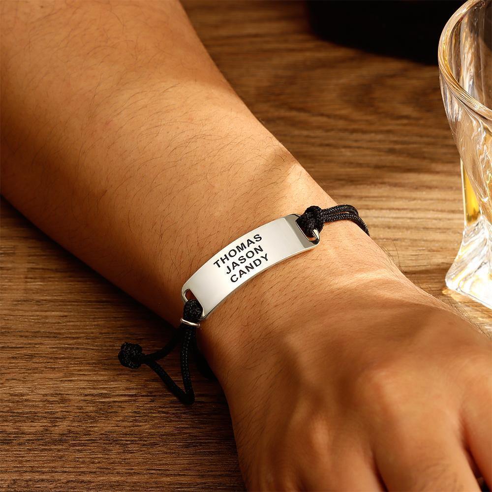 Men's Leather Bracelet Custom Men's Bracelet Engraved Bent card Bracelet Gift for Best Friend -Silver