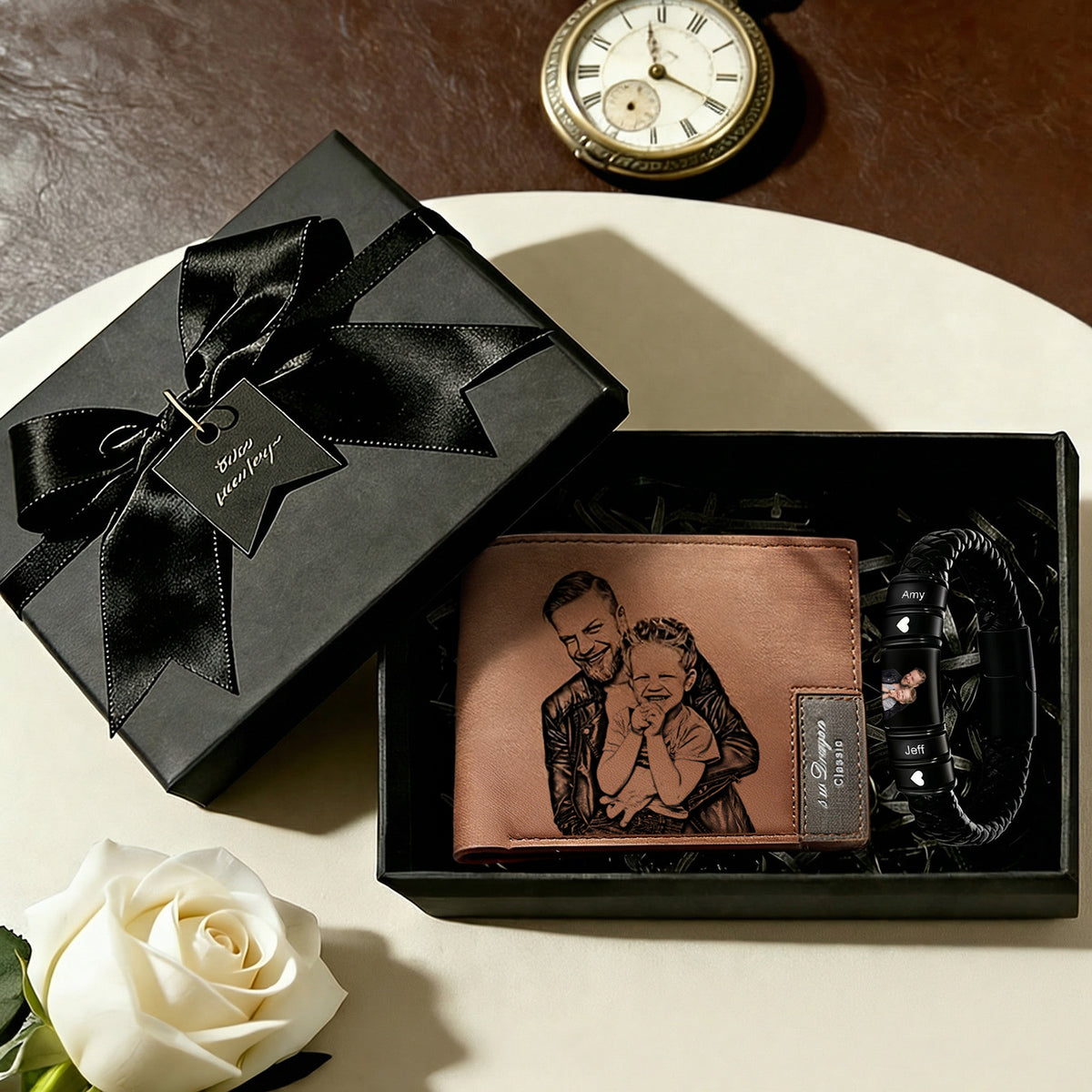 Custom Photo Wallet and Photo Bracelet Set Father's Day Gift for Him