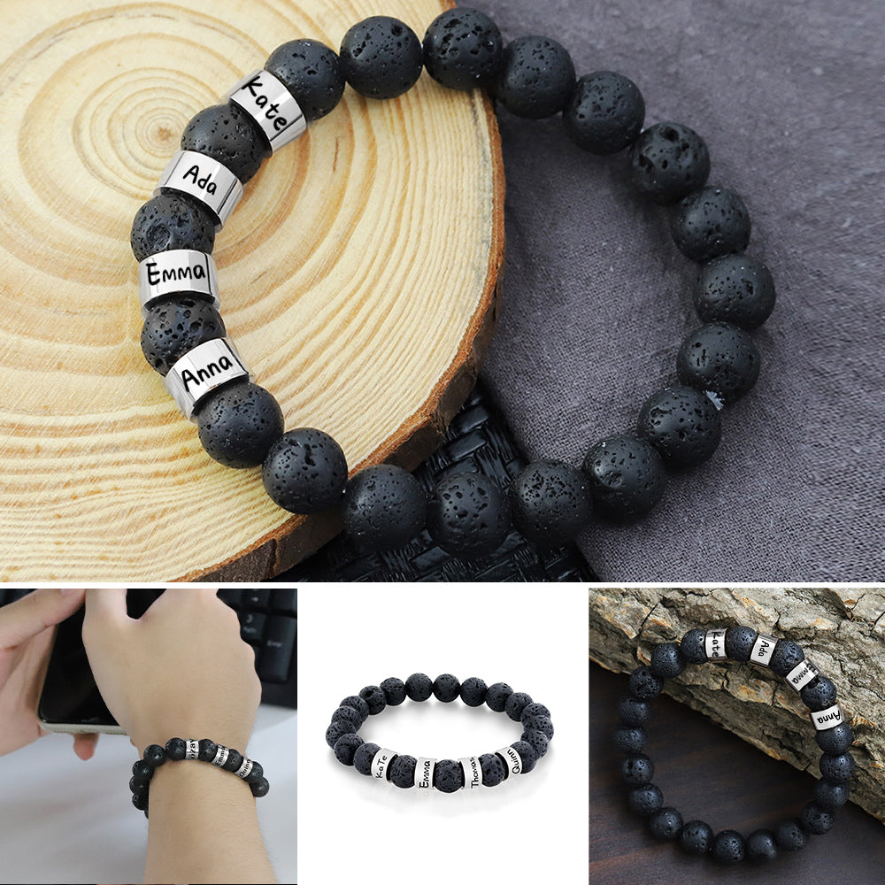 Personalized Name Black Lava Stone Bead Bracelet Gift for Men Husband Father Grandfather