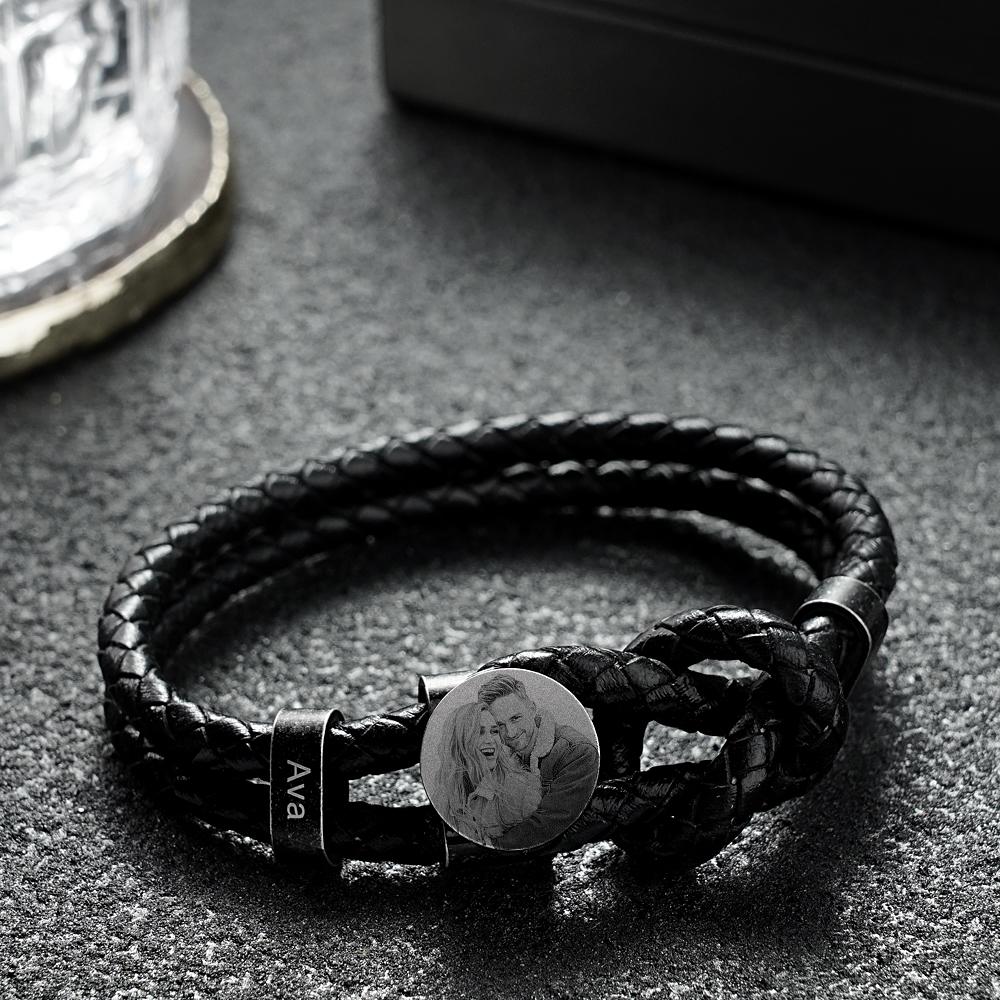 Mens Retro Leather Photo Bracelet with 2-5 Names Custom Family Name Photo Gifts for Dad Fathers Day Gifts