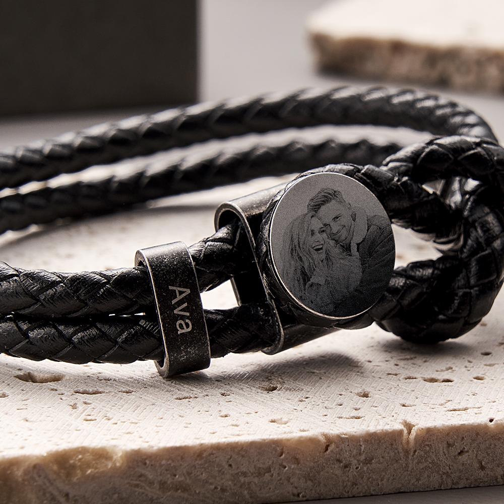 Mens Retro Leather Photo Bracelet with 2-5 Names Custom Family Name Photo Gifts for Dad Fathers Day Gifts