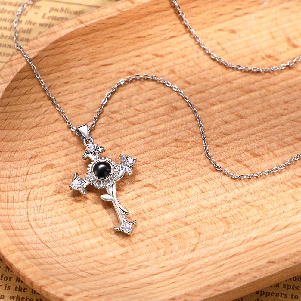 Custom Photo Projection Necklace Sunflower Cross Creative Gift