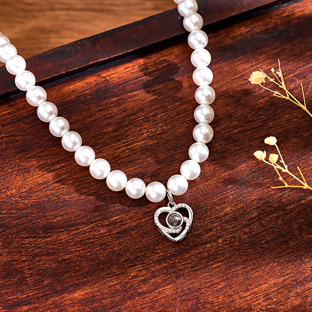 Custom Projection Necklace Pearl Chain Diamond Heart Gift
