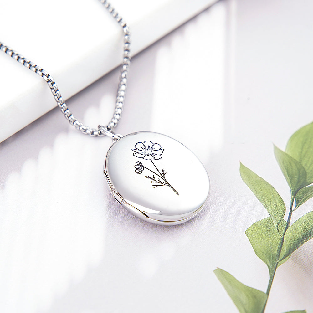 Custom Photo Locket Necklace with Engravable Birth Flower Birthday Gift for Women