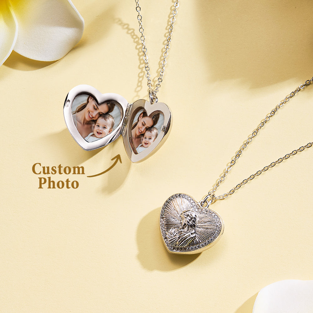 Personalized Photo Necklace Heart Embossed Cubic Locket Necklace Gift for Mom