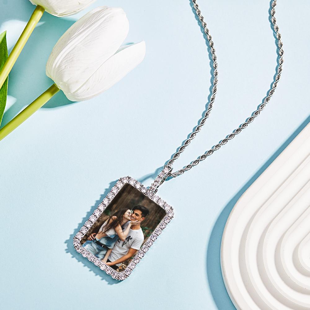 Custom Photo Necklace Square Diamond Border Sweater Chain Gifts