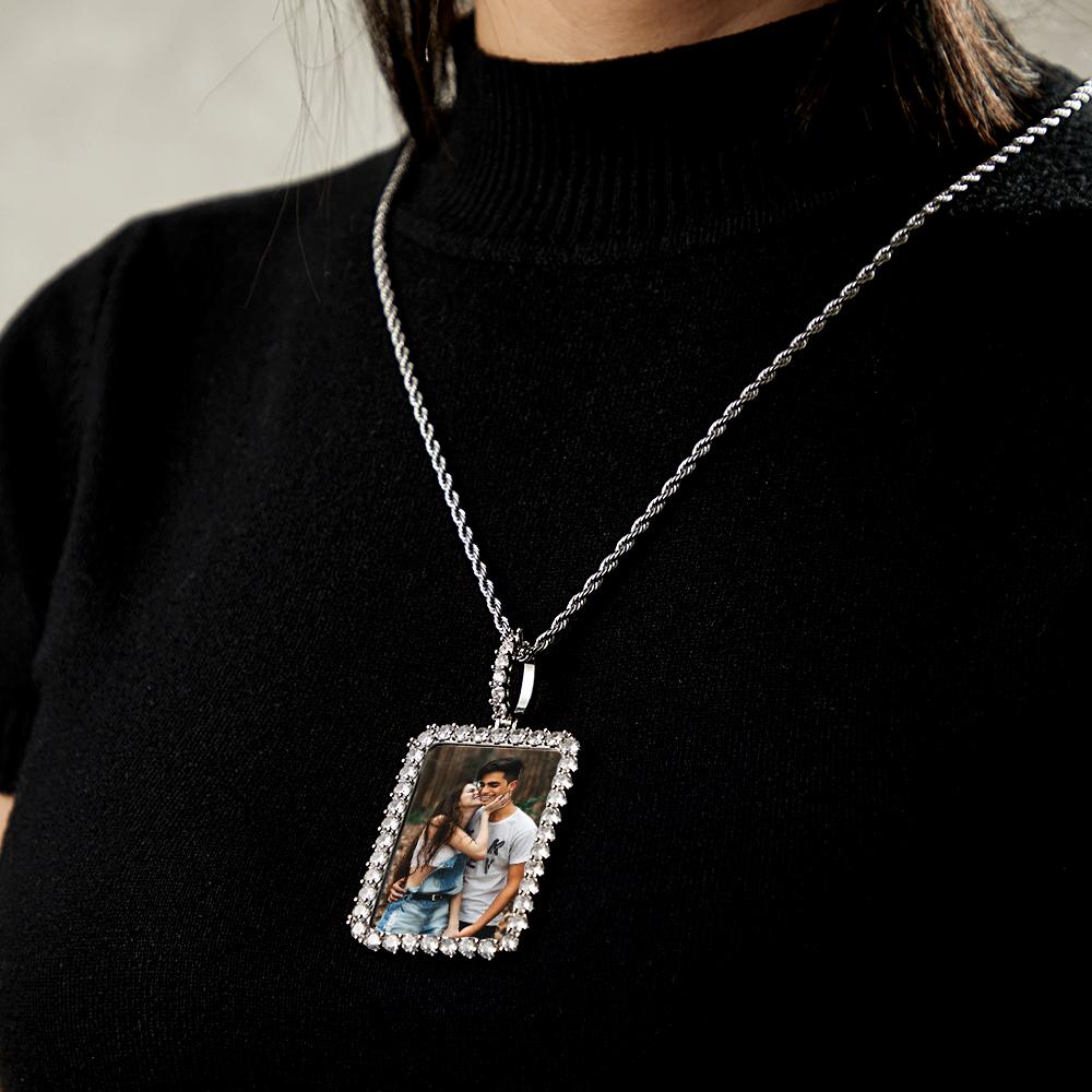 Custom Photo Necklace Square Diamond Border Sweater Chain Gifts