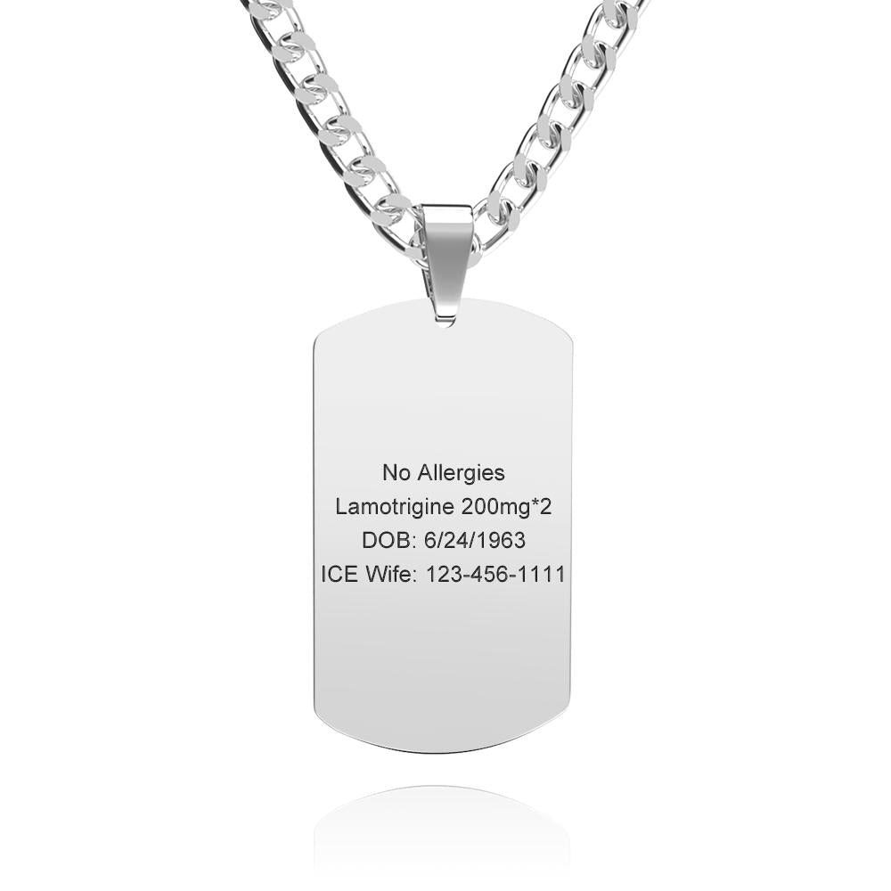 Medical Alert Emergency ID Necklace Men's Tag Necklace with Double Sides Engraving Stainless Steel Personalized Medical Necklace