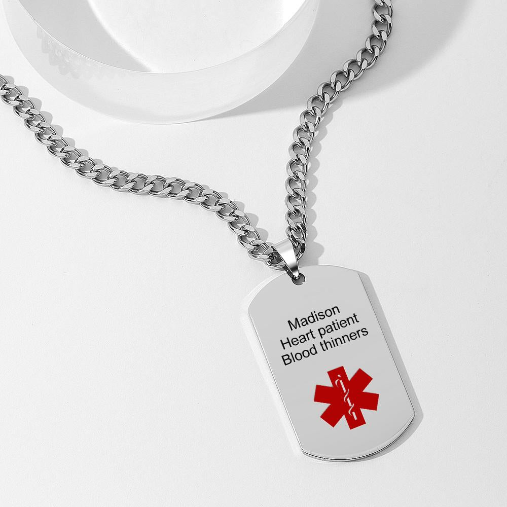 Medical Alert Emergency ID Necklace Men's Tag Necklace with Double Sides Engraving Stainless Steel Personalized Medical Necklace
