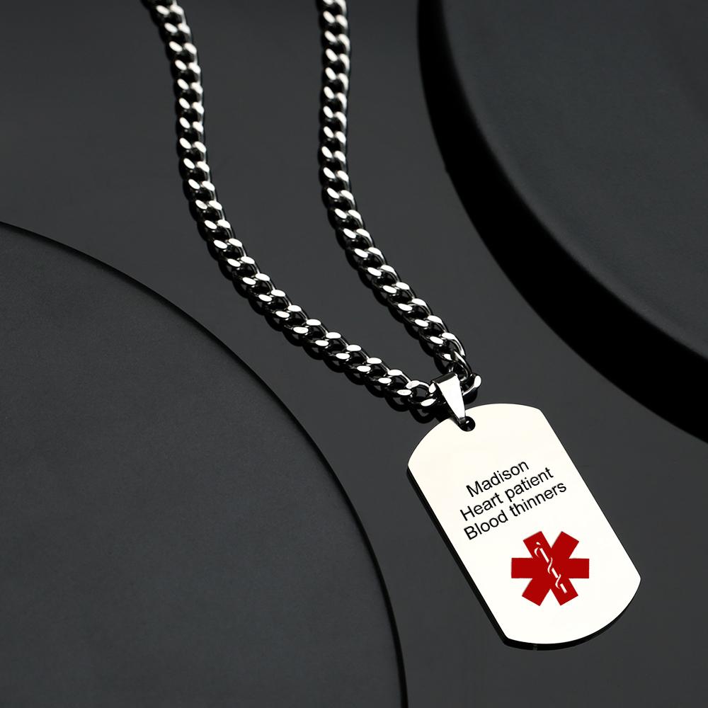 Medical Alert Emergency ID Necklace Men's Tag Necklace with Double Sides Engraving Stainless Steel Personalized Medical Necklace