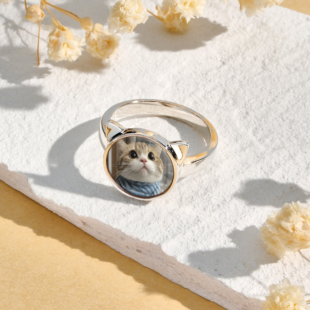 Personalized Cat Head Photo Ring Gift for Pet Lovers Custom Photo Gift