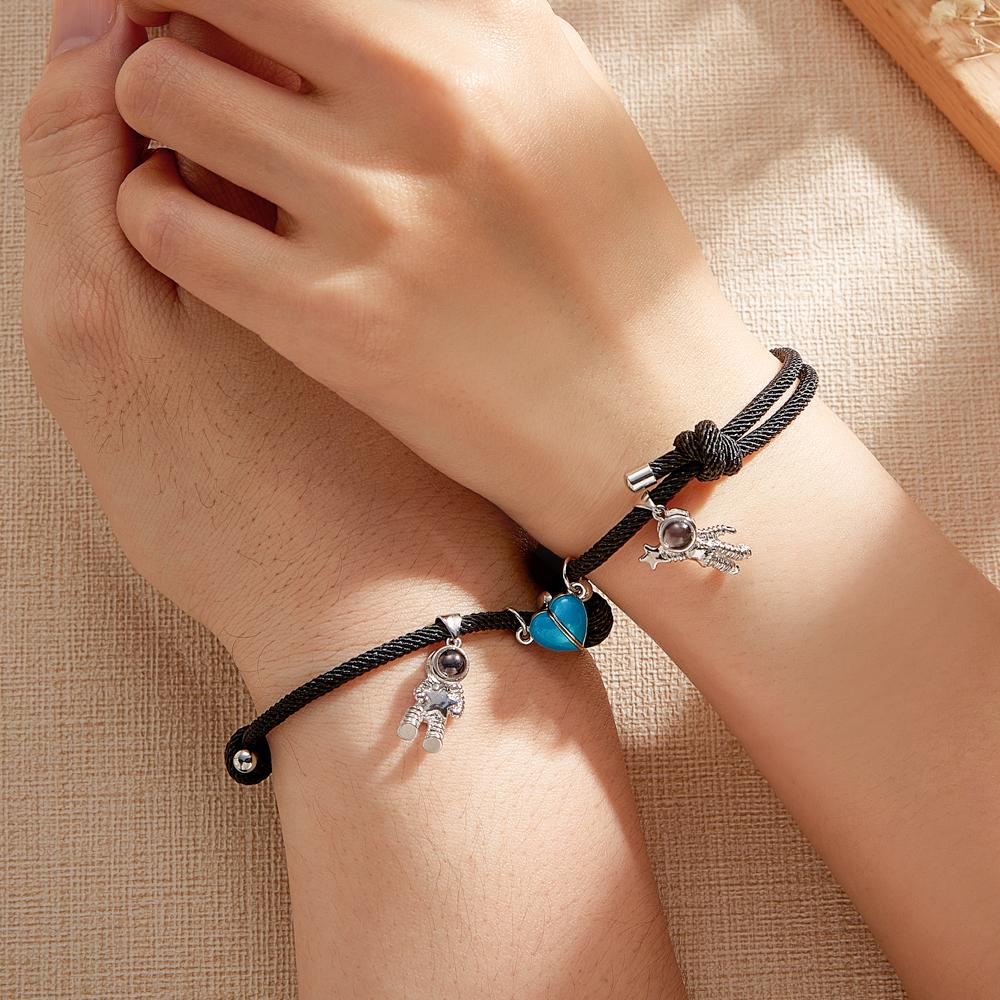 Custom Photo Projection Matching Bracelets for Couples Magnetic Glow-in-the-Dark Heart Shape