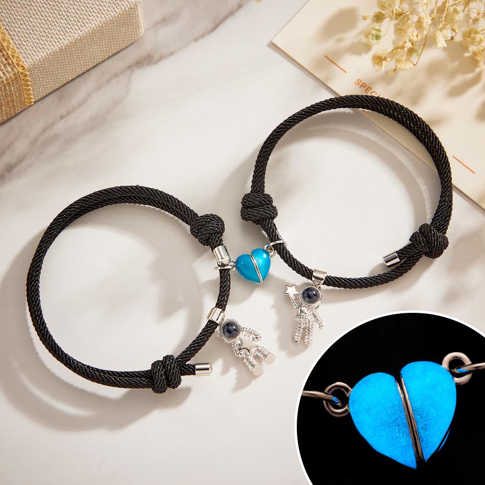 Custom Photo Projection Matching Bracelets for Couples Magnetic Glow-in-the-Dark Heart Shape