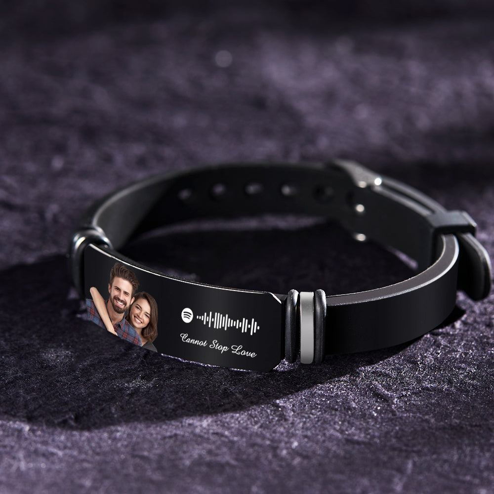 Custom Photo Engraved Spotify Music Black Bracelet For Him Personalized Bracelet Perfect Gift For Valentines Day