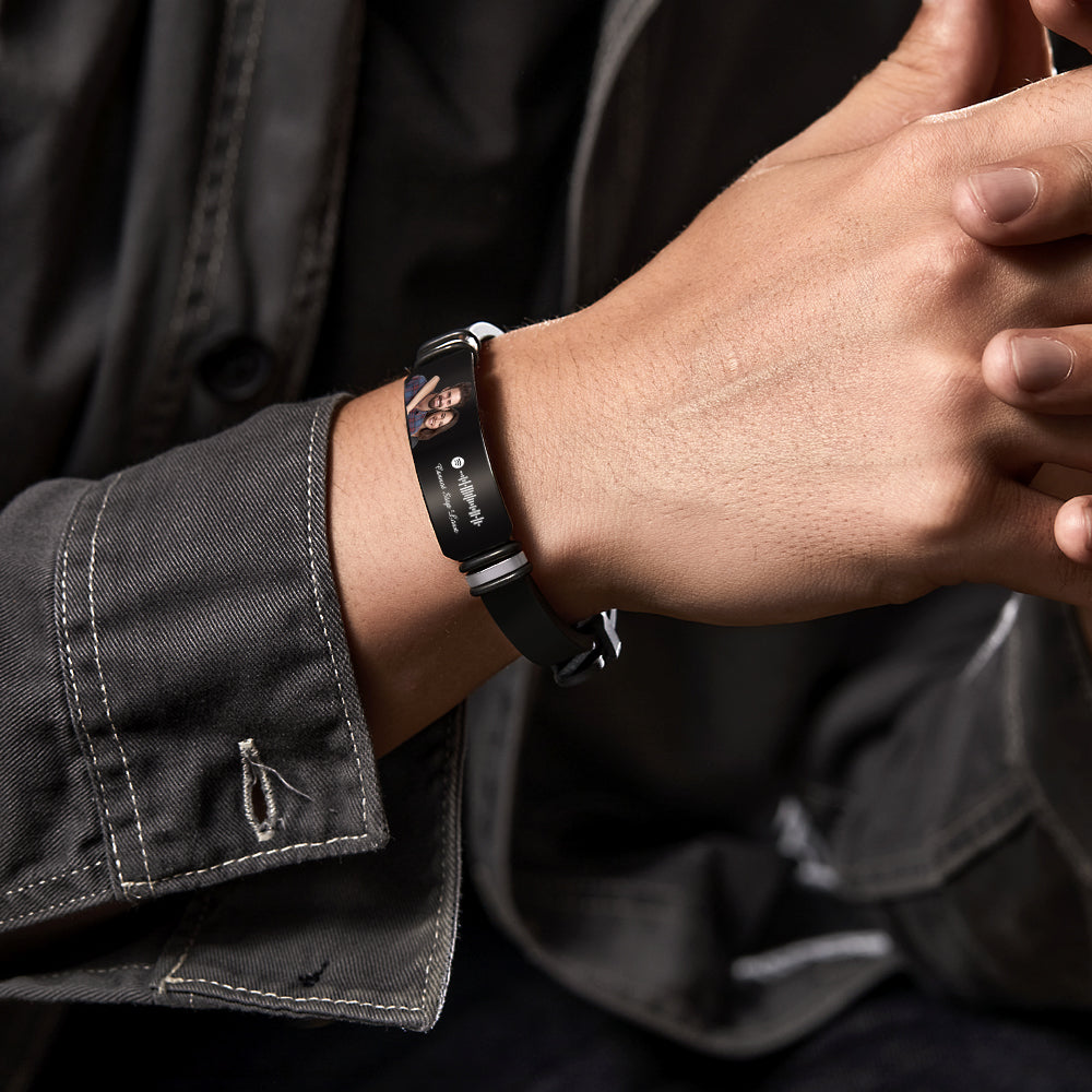 Custom Photo Engraved Spotify Music Black Bracelet For Him Personalized Bracelet Perfect Gift For Valentines Day