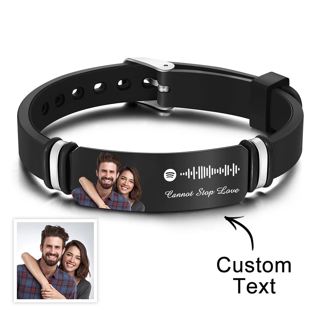 Custom Photo Engraved Spotify Music Black Bracelet For Him Personalized Bracelet Perfect Gift For Valentines Day