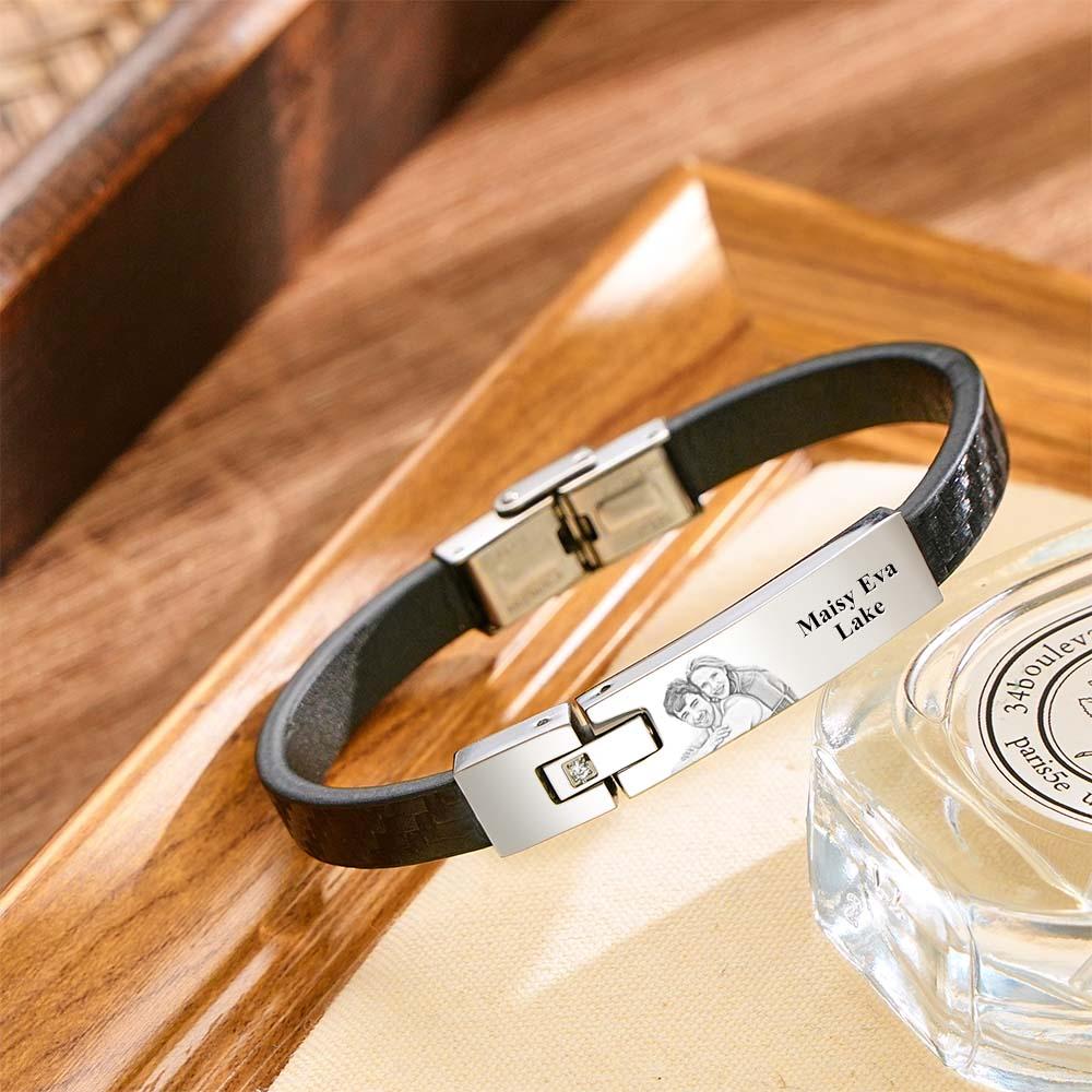 Custom Leather Bracelet Personalized Name and Photo Stainless Steel Bracelet Father's Day Gift