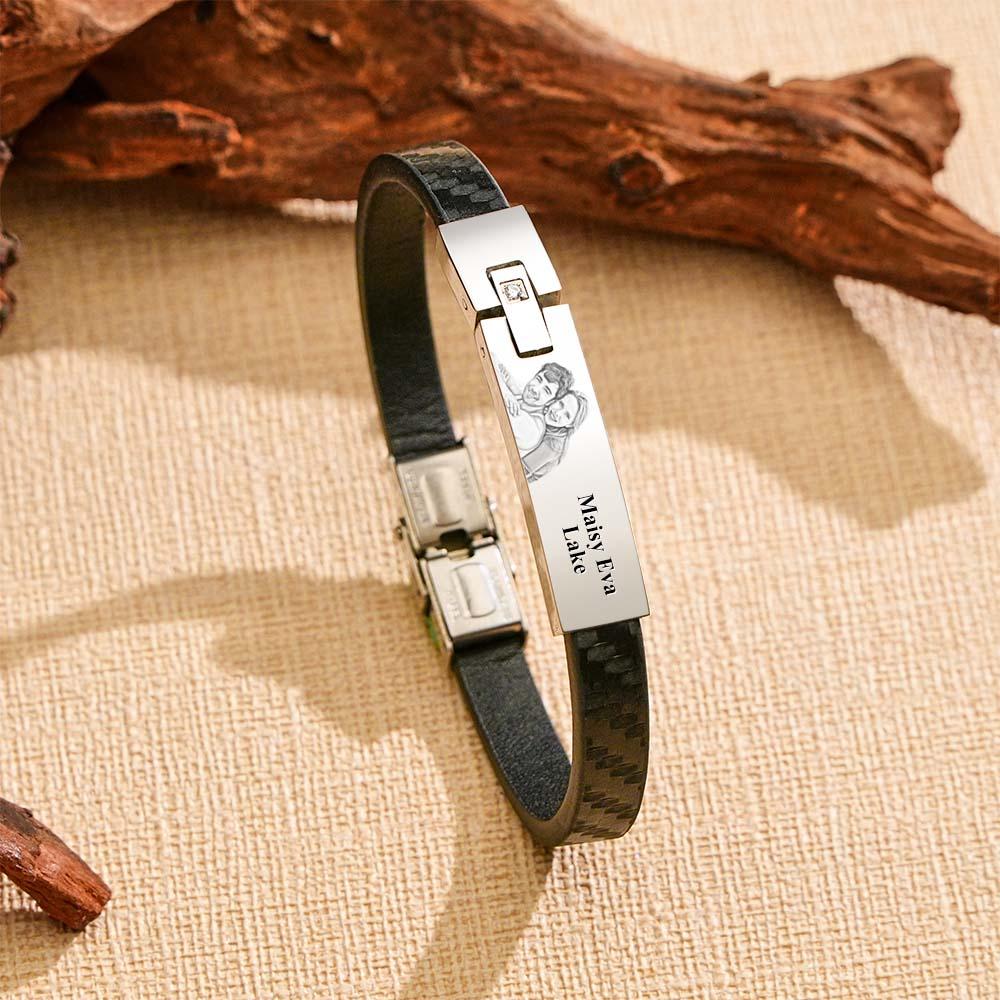 Custom Leather Bracelet Personalized Name and Photo Stainless Steel Bracelet Father's Day Gift