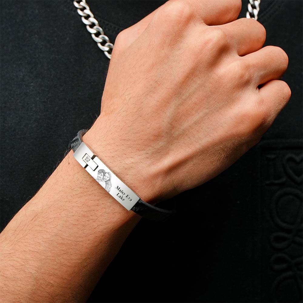 Custom Leather Bracelet Personalized Name and Photo Stainless Steel Bracelet Father's Day Gift