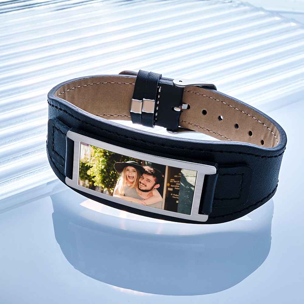 Personalized Photo Leather Bracelet Vintage Wide Bracelet For Men