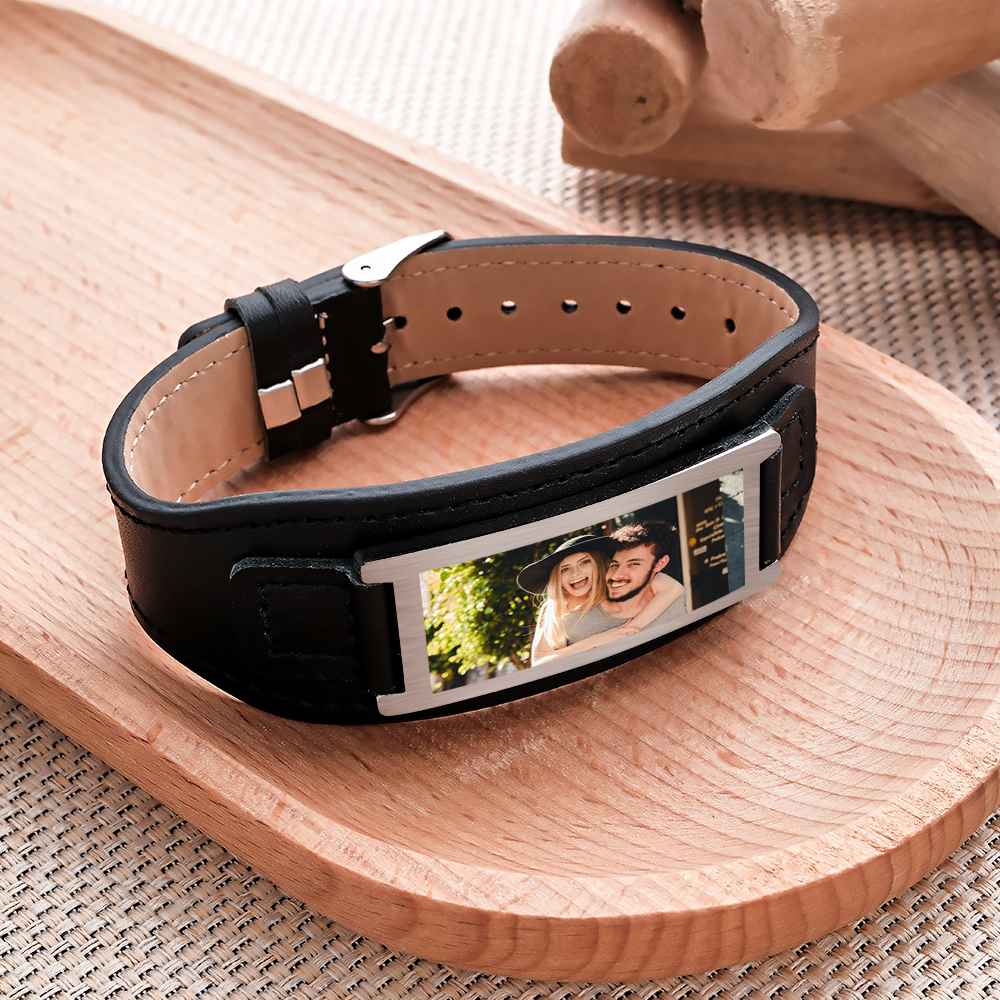 Personalized Photo Leather Bracelet Vintage Wide Bracelet For Men