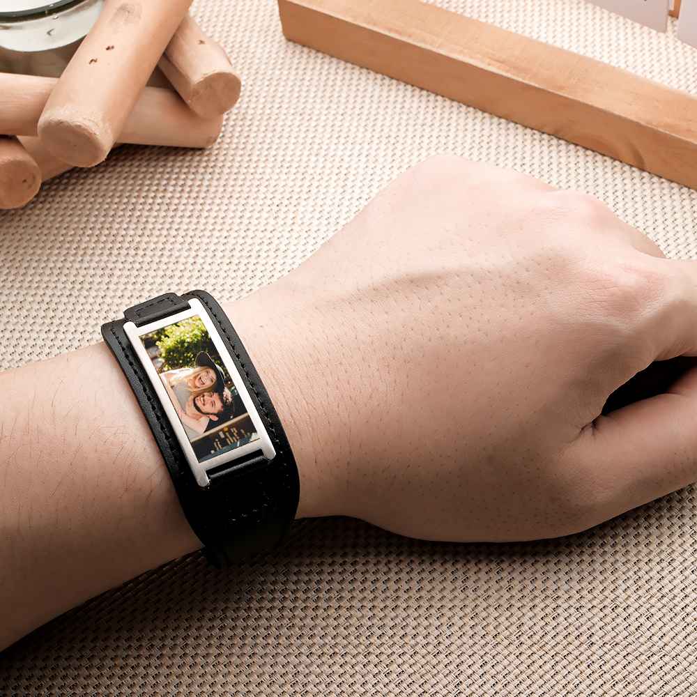 Personalized Photo Leather Bracelet Vintage Wide Bracelet For Men
