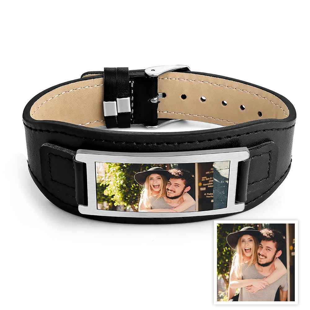 Personalized Photo Leather Bracelet Vintage Wide Bracelet For Men