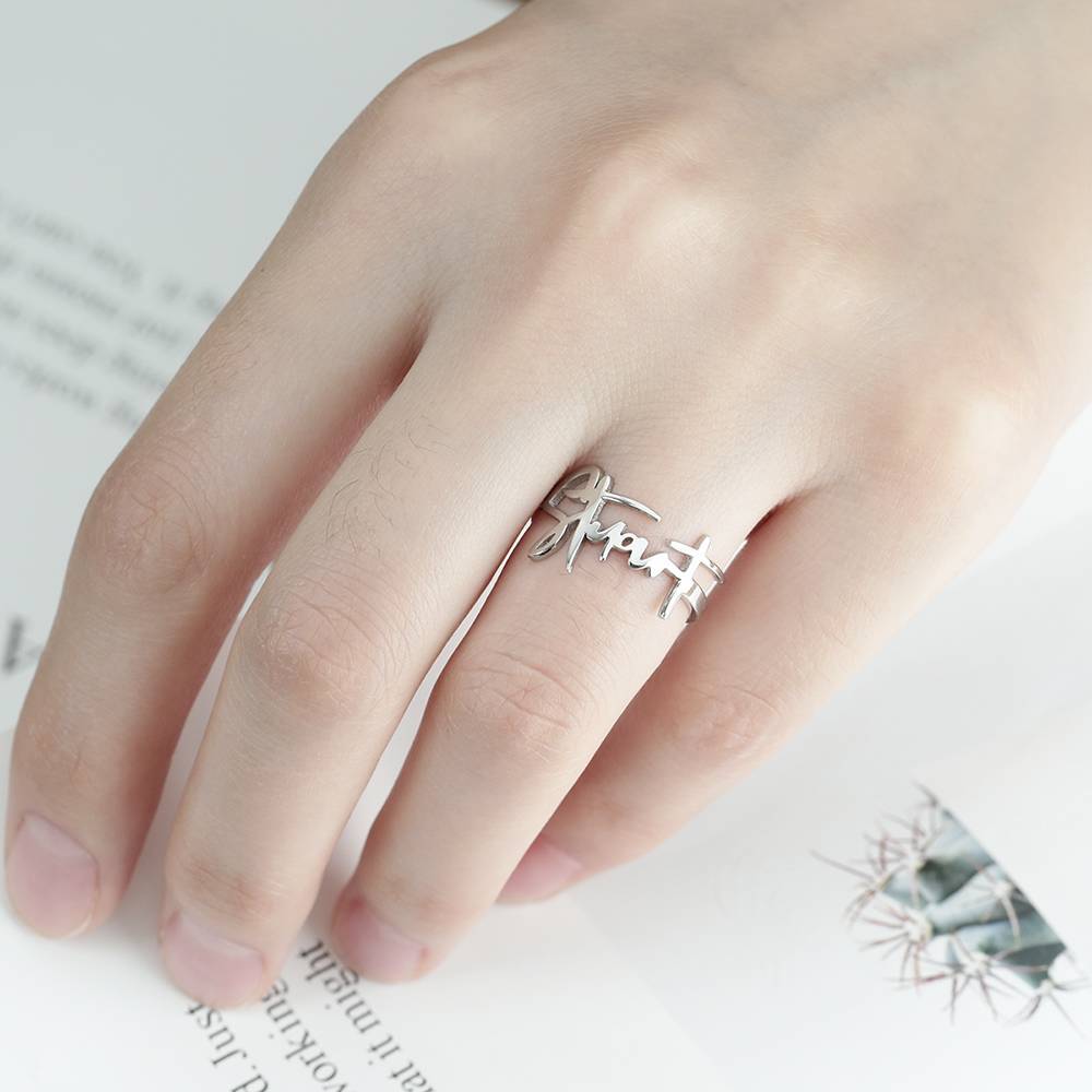 Name Ring, Personalized Handwriting Ring Special Gift Platinum Plated - Silver