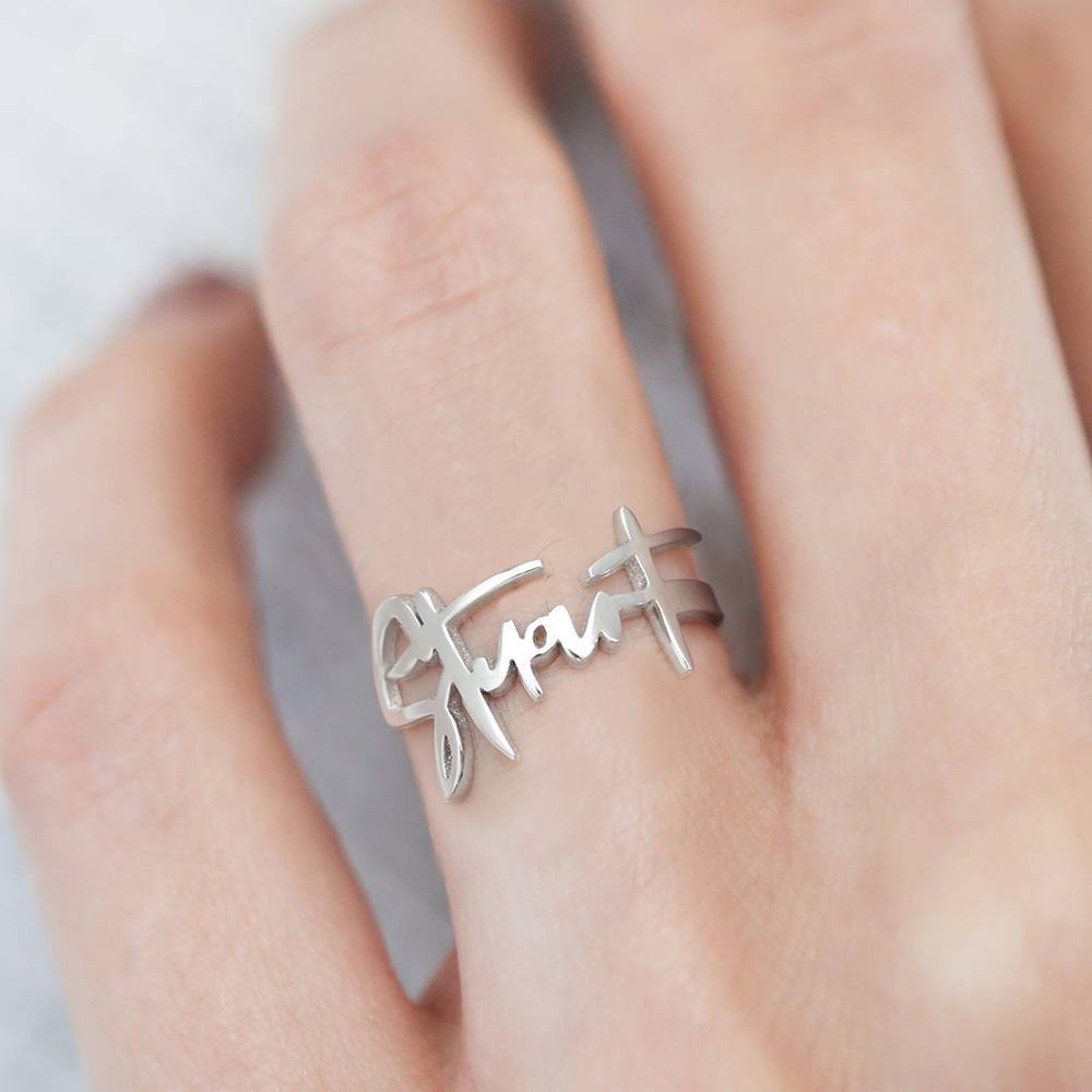 Name Ring, Personalized Handwriting Ring Special Gift Platinum Plated - Silver