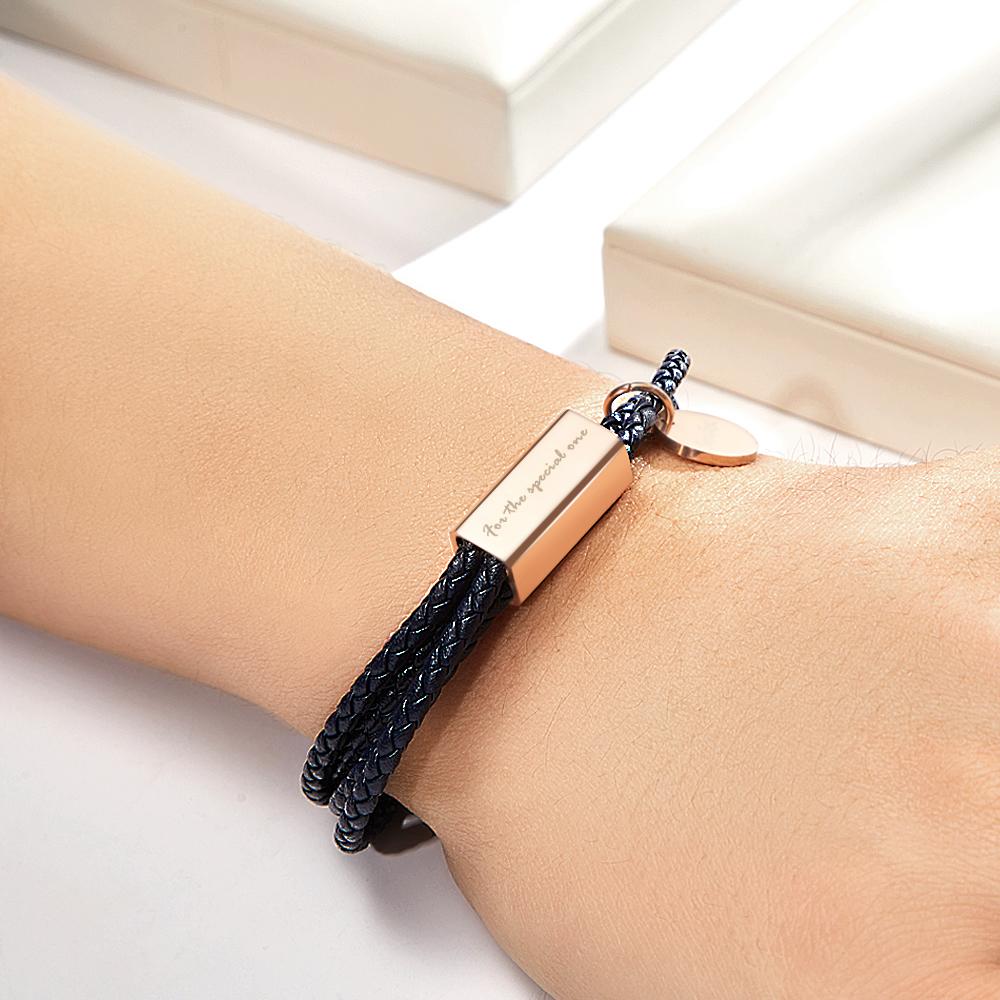 Custom Engraved Double Woven Leather Bracelet Fashion Bracelet Black Leather Bracelet Special Gift for Him/Her