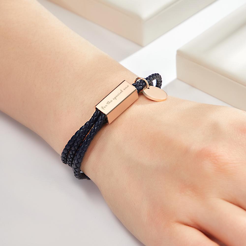 Custom Engraved Double Woven Leather Bracelet Fashion Bracelet Black Leather Bracelet Special Gift for Him/Her