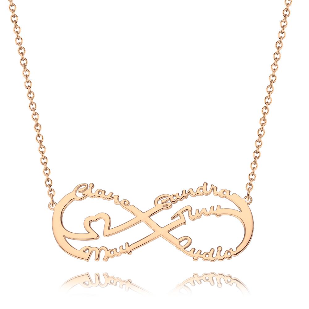 Infinity Necklace with Five Names, Family Name Necklace Rose Gold Plated - Rose Gold